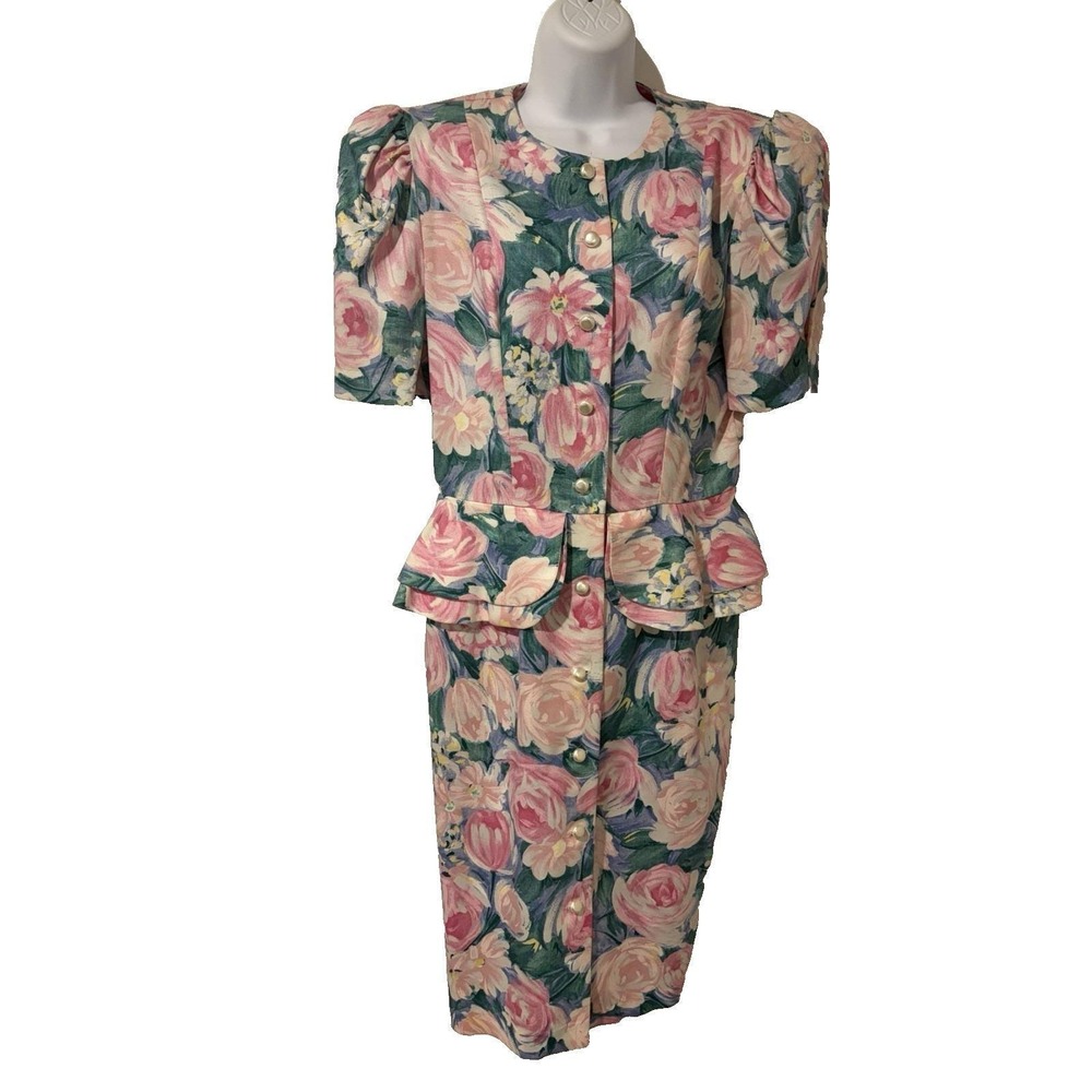 Vtg 80s Jessica Howard Pink Roses Peplum Dress~10P~Puff Slvs 40's Cottagecore